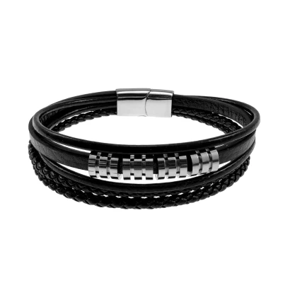 Afbeelding van Meerlaagse Zwarte Leren Armband, Impact Design 5 Bands Leer RVS Magneetsluiting, Heren Polsmaat 18cm