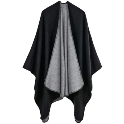 Afbeelding van Poncho voor dames, sjaal, omslagdoek, cape, imitatiekasjmier, royale maat, elegant, warm, winters, dik en zacht, Zwart &amp; Grijs, One Size