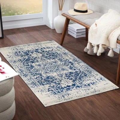 Afbeelding van SURYA Vloerkleed Woonkamer, Slaapkamer Vintage Oosters Tapijt JULIETTE Blauw/Wit 80x150 cm