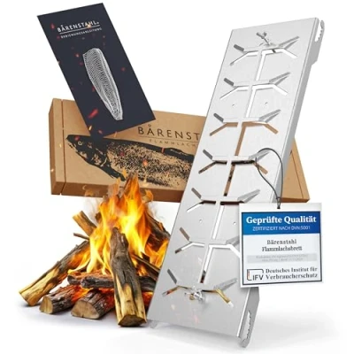 Afbeelding van Bärenstahl Zalmplank met houder, vuurvast van roestvrij staal, geschikt voor vuurschalen en kogelbarbecue, Made in Germany
