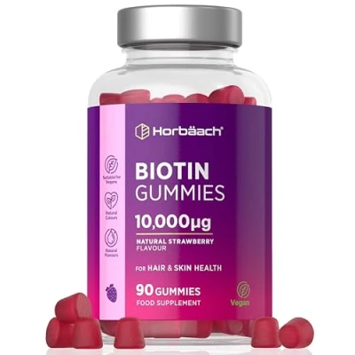 Afbeelding van Biotine 10.000 mcg Gummies Voor Haar, Huid &amp; Nagels Hooggedoseerde 90 Vegan Aardbeiensmaak Horbaach