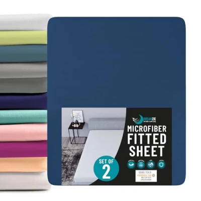 Afbeelding van Dreamzie Set van 2 hoeslakens 200x200 Microvezel (100 procent polyester) Oeko Tex Donkerblauw Hoeslaken