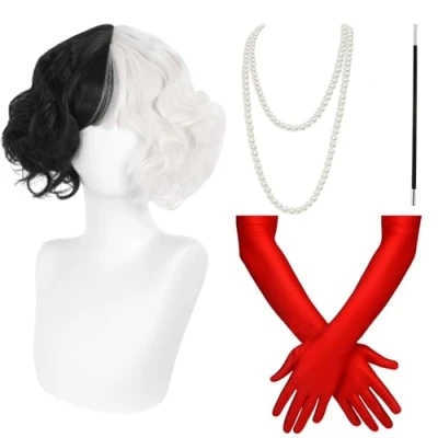 Afbeelding van 4 delige heksenkostuumset, cosplay, Halloween pruik, damespruik, actrice make up, zwart witte verkleedaccessoires, geschikt voor feesten, optredens