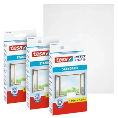 Afbeelding van tesa Insect Stop Standard Vliegenhor voor Ramen, Set van 3 pack, Insectenhor, raamhor, Met klittenband, Snij uw eigen horraam op maat, Muggenhor, 100 cm x cm, Wit