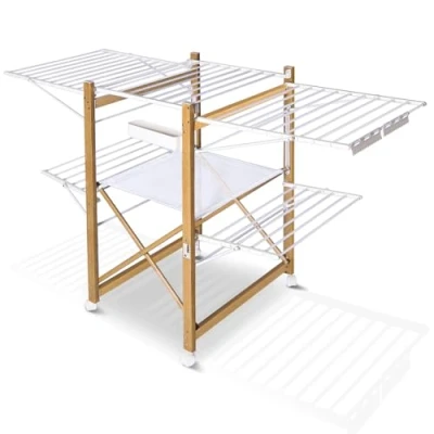 Afbeelding van VOUNOT Uitschuifbaar wasrek, staand droogrek van roestvrij staal, vleugelwasdroger, wasdroger met wieltjes, drooglengte 30 m, ruimtebesparend, inklapbaar, 180 x 105 61 cm, in hout, imitatie wit