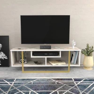 Afbeelding van Nikolai TV meubel 120cm Goud en Wit Marmer effect Menzzo