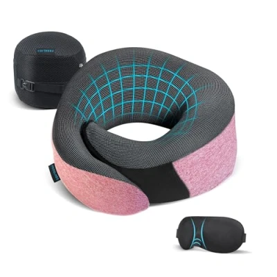 Afbeelding van Proglobe Roze nekkussen vliegtuig, reiskussen, 100% traagschuim, orthopedisch nekkussen, voor reizen met auto, trein, 3D slaapmasker, hoogwaardige nettas