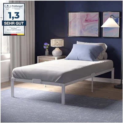 Afbeelding van Dreamzie 90x190 bedframe met witte metalen doos veer voeten hoogte van 41 cm resistent, gemakkelijke montage, grote opslagcapaciteit