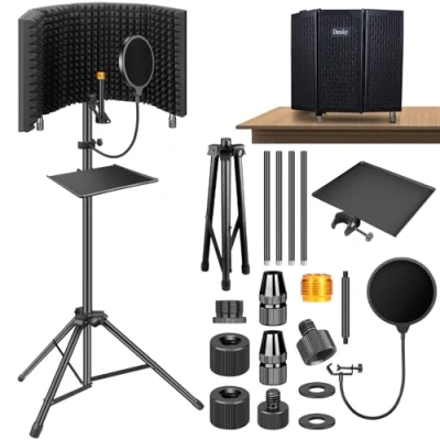 Afbeelding van Dmsky Microfoonisolatieschild met popfilter en statiefstandaard, opvouwbaar microfoonschild drievoudige geluidsisolatie, microfoon geluidsscherm hoge dichtheid voor opnamestudio, podcasts,