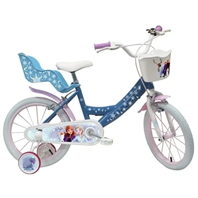 Afbeelding van A.T.L.A.S. Kinderfiets, 40,6 cm, meisjes, ijskoningin, met 2 remmen, mand voor, poppenhouder achter, spatborden en stabilisatoren.