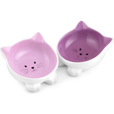 Afbeelding van Navaris voerbakjes voor katten Set van 2 voer en waterbakken Etensbak keramiek Met antislip voetjes Kattenvorm Roze/Paars