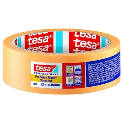 Afbeelding van tesa Precisieklepp 4344 Standaard 6 stuks professionele schilderskape met dunne papierdrager voor nauwkeurig afplakken en afdekken oranje elk 50 m x 25 mm