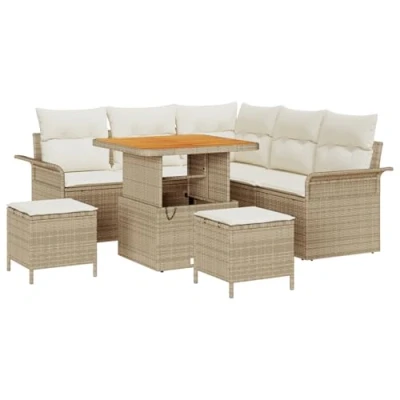 Afbeelding van vidaXL 8 delige tuinsofa set met kussens beige poly riet acacia, 2 zits riet, 3 delig tuin eetset acacia