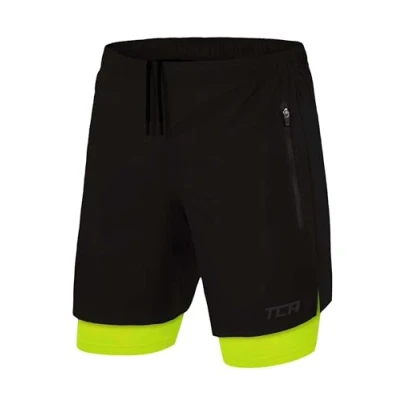 Afbeelding van TCA Mannen Ultra 2 in 1 Hardloop Gym Shorts met Ritszakje Zwart/Groen (2x Ritszakken), S