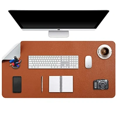 Afbeelding van Muismat XXL, grote muismat, laptop bureaumat, bureauonderlegger, schrijfblok, dubbelzijdig gebruik, PU leer, waterdicht, 90 x 43 cm, bruin/grijs