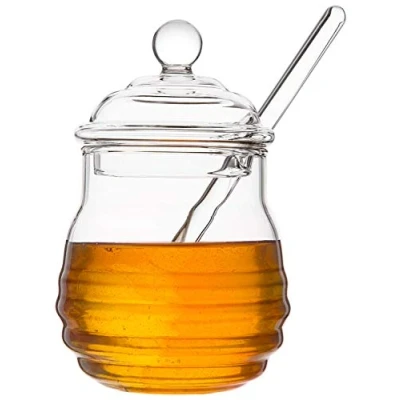 Afbeelding van Mkouo Honingpot glazen container met honinglepel voor het serveren van honing en siroop, 255 ml