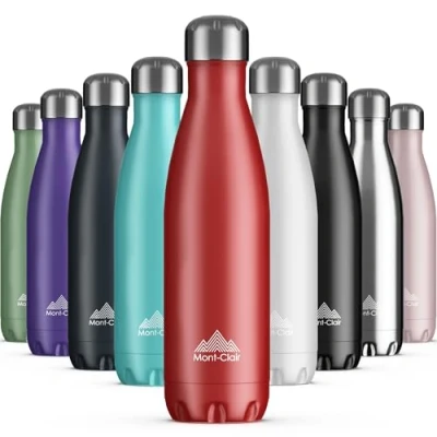 Afbeelding van Mont Clair Roestvrijstalen waterfles, vacuüm geïsoleerd + BPA vrij, 12 uur warme en 24 koude dranken fles, metalen waterfles 500 ml lekvrij, ideaal voor volwassenen, kinderen, hardlopen rood