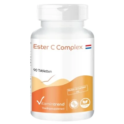 Afbeelding van Ester C Complex met vitamine + bioflavonoïden acerola rozenbottelextract rutine 90 tabletten hoge dosering veganistisch supplementen uit Duitsland Vitamintrend