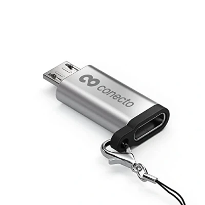 Afbeelding van conecto, Micro USB naar C adapter, OTG ondersteuning, compatibel met Apple apparaten, perfect voor e bikes, incl. lus/karabijnhaak, aluminium behuizing, zilver