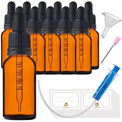Afbeelding van HandsUnity 20 ml 12 stuks pipetfles kleine glazen fles apothekerglazenset van barnsteenglas met zwarte pipetdop inclusief 29 hulpaccessoires flessen bruin glas