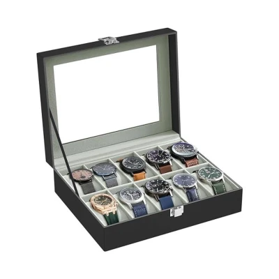 Afbeelding van horlogebox met 10 vakken, glazen deksel, horlogekast afneembare horlogekussens, SAMT bekleding, metalen gesp, gemaakt van PU, zwart en grijs