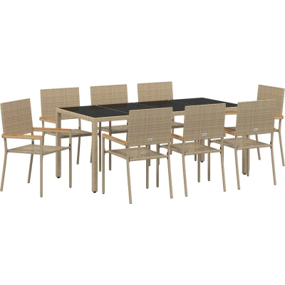 Afbeelding van vidaXL 9 delige tuin eetset Beige Poly Riet