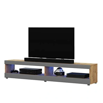 Afbeelding van Selsey VIANSOLA TV meubel/woonkamer meubel 140 cm lancaster eiken/grijs glanzend met LED verlichting modern