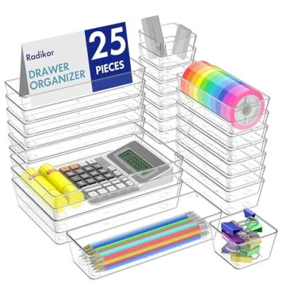 Afbeelding van Radikor Ladeorganizer, 25 stuks, organizer voor make up, laden van transparante kunststof, stapelbaar, 4 maten, container badkamer, keuken, bureau
