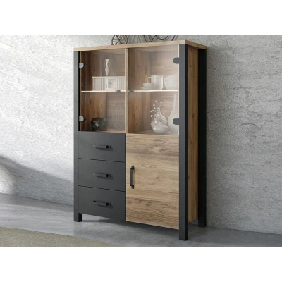 Afbeelding van Hoge commode OLIANNE 3 deuren lades appenzeller sparren/zwart