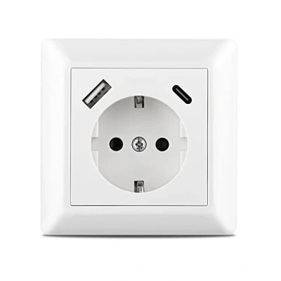 Afbeelding van USB C Stopcontact, Kaifire Schuko Inbouw Stopcontact met en (Max. 3.4A) Wandcontactdoos Frame Inbouwstopcontact Wit voor Smartphone, Tablet, MP3