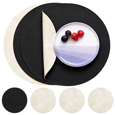 Afbeelding van Myir JUN Lederen Placemat Rond en Onderzetters, Tafelmatten Waterdichte Afveegbare Dubbelzijdige Plaats Matten Koffiematten Antislip Wasbare Placemats Coaster (Zwart Wit, Sets 4)