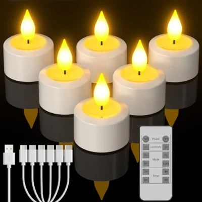 Afbeelding van Yme Oplaadbare led theelichtjes met afstandsbediening en timer, 6 kaarsen, flikkeren timerfunctie USB C oplaadkabel, voor woonkamer, kamer, Halloween, Kerstmis, feestdecoratie