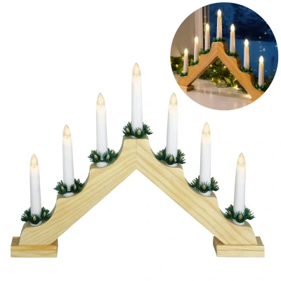 Afbeelding van Cheqo® LED Kaarsen Kandelaar Kaarsenbrug Kaarsenstandaard Hout 7 Witte LEDs