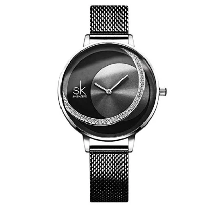 Afbeelding van RORIOS Vrouwen Horloges Analoge Quartz Horloge Minimalisme Gesimuleerde Diamant Dial Mesh Strap Stijlvolle Dames Horloges, Zwart Zilver, armband