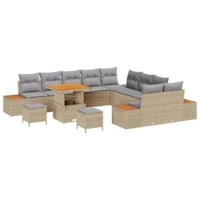 Afbeelding van vidaXL 13 delige tuinset met kussens in beige poly riet en acacia