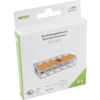 Afbeelding van Wago verbindingsklem max. 6 mm2 met hendel 5 voudig blister stuks