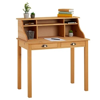 Afbeelding van IDIMEX Secretaris Marlene, mooie schrijfsecretaire met 2 laden, praktisch bureau 6 vakken, tijdloze consoletafel van massief grenenhout gebeitst