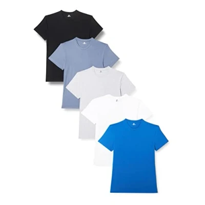 Afbeelding van Lower East Heren T shirt met ronde halsuitsnijding, Wit/zwart/blauw/grijs/Folkstone grey, set van 5, M