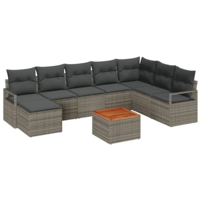 Afbeelding van vidaXL 9 delig Tuin Sofa Set met Kussens Grijs Poly Rattan Acacia