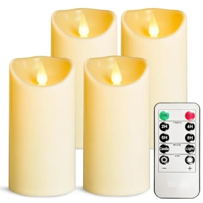 Afbeelding van YIWER Vlamloze LED Kaarsen, Outdoor Indoor Batterij Operated Flickering Kaarsen met Remote Timers, Zal niet smelten, Ivoor Plastic Kaars D3.15&quot; x H6&quot; voor Feest Kerstmis Valentijnsdag (4 stuks