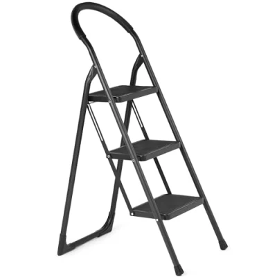 Afbeelding van Ondis24 Hugo Trapladder, 3 treden, inklapbare ladder tot 150 kg gepoedercoat staal, extra lange softgrip (zwart, traps)