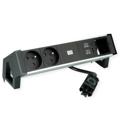 Afbeelding van Bachmann, Stekkerdoos, DESK2 ALU ZWART 2xUTE 1xCM 1xAC 1 lader A/C 22W (2 x, CEE 7/5, 7/3, 0.20 m)