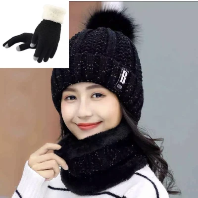 Afbeelding van 3 in 1 Winter Beanie Dames Muts + Sjaal Handschoenen One Size Zwart