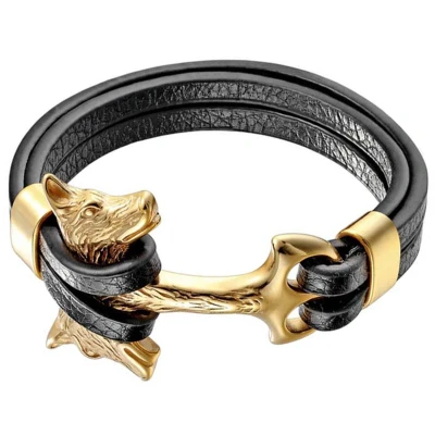 Afbeelding van Leren armband Mannen Mendes Anker Wolf Edelstaal Goudkleurig Zwart