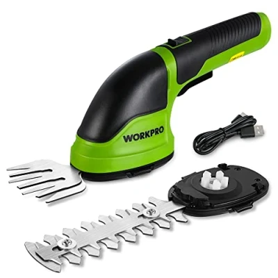 Afbeelding van WORKPRO Snoeischaar 3,6 V, handige grasschaar en struikschaar elektrisch met 2 messen, 2.000 mAh accu type C kabel, in 1 gazonkantensnijder, snijbreedte 7,5 cm, snijlengte 12 cm