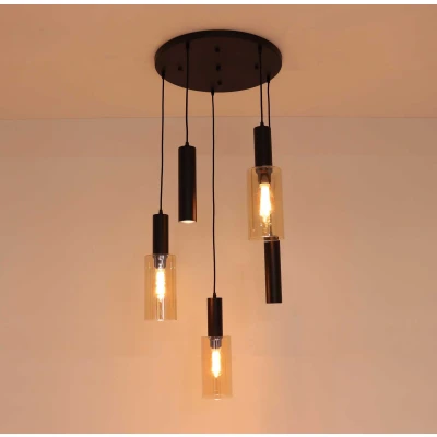 Afbeelding van Hanglamp 5 lichts rond amber goud glas