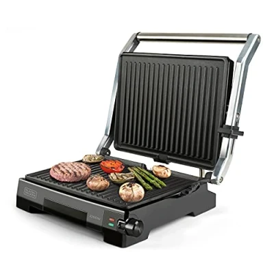 Afbeelding van Black+Decker BXGR2200E 2 in 1: gladde platen en grill, voor het bereiden van vlees, vis, groenten, 180 graden opening, temperatuur tijdregeling met lcd display