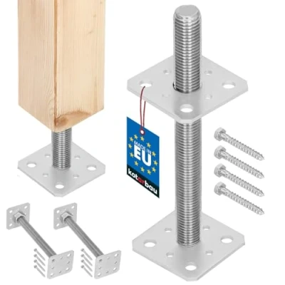 Afbeelding van KOTARBAU® Set van 2 Paaldrager, 80 mm x 250 mm, schroefdraad M24 verzinkt, steunpoot, in hoogte verstelbaar, vloervoet, betonvoet om vast te schroeven, regelbaar