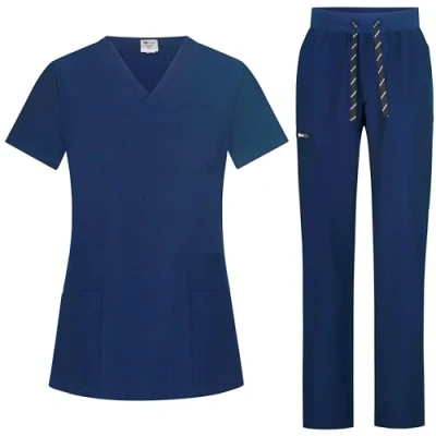 Afbeelding van B well Bella Scrubset voor dames, jas en broek, set, geneeskunde, arts, uniform, beroepskleding, dikke stof, donkerblauw, 3XL