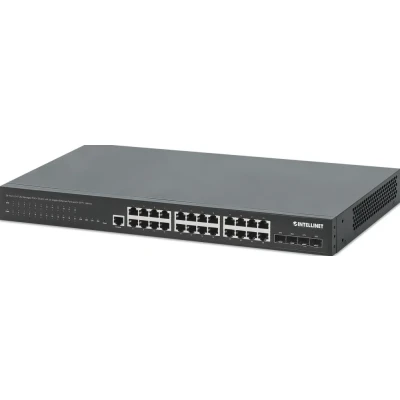 Afbeelding van Intellinet 28 poorts L2+ volledig beheerde PoE+ switch met 24 Gigabit Ethernet poorten en 4 SFP+ uplinks (28 Havens), Netwerkschakelaar, Zwart